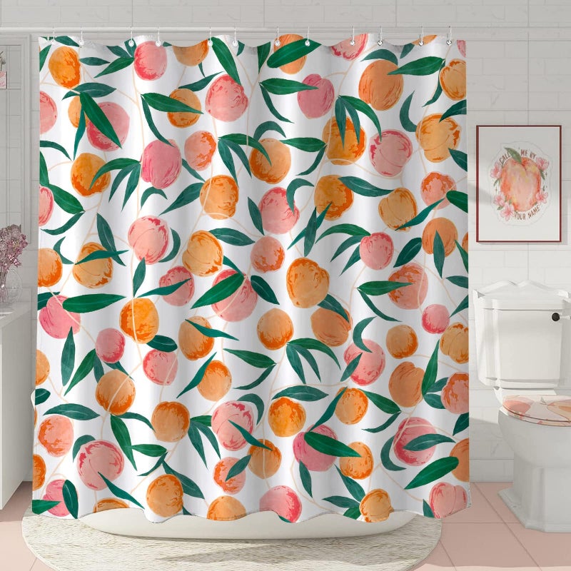Lifeel Peach Shower Curtain, Allover Fruits Cute Bright Colorful Design Waterproof Fabric Bathroom Curtains Set with 12 Hooks, Peachy Pink 72Ã—72 inch - Image 2